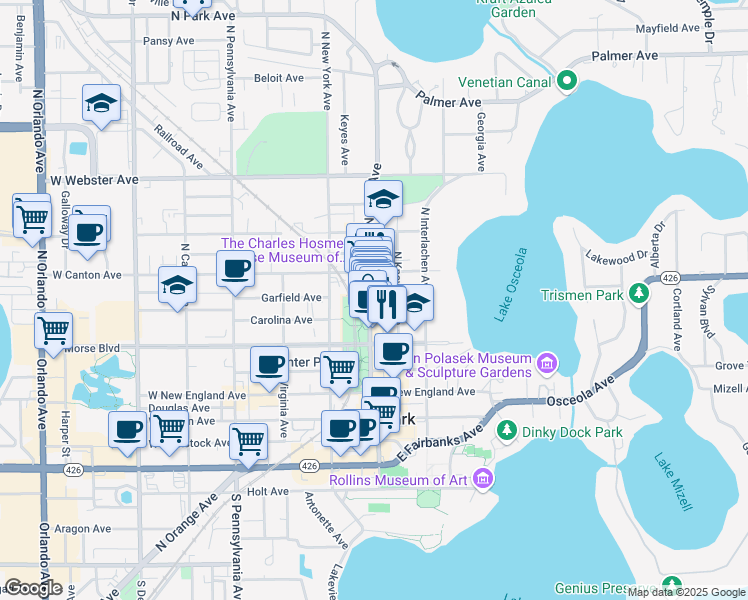 map of restaurants, bars, coffee shops, grocery stores, and more near 214 North Park Avenue in Winter Park