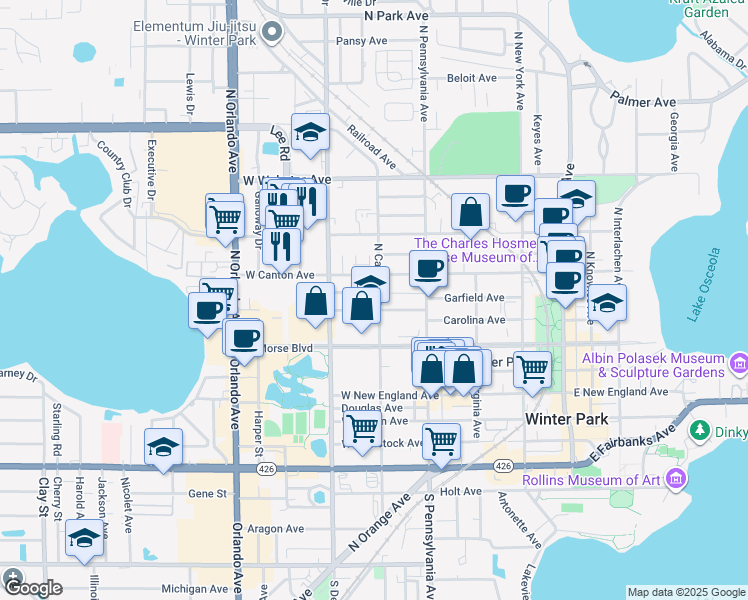 map of restaurants, bars, coffee shops, grocery stores, and more near 710 Symonds Avenue in Winter Park