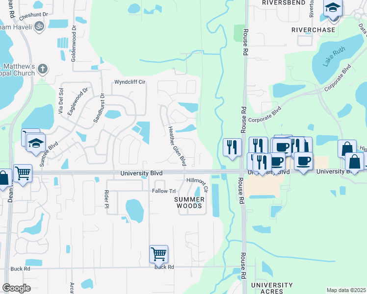 map of restaurants, bars, coffee shops, grocery stores, and more near 10801 Heather Ridge Circle in Orlando