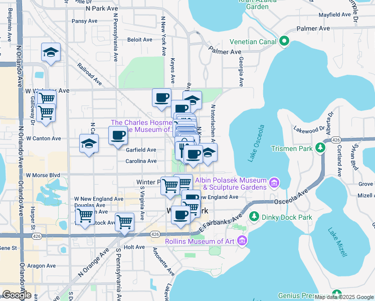 map of restaurants, bars, coffee shops, grocery stores, and more near 214 North Park Avenue in Winter Park