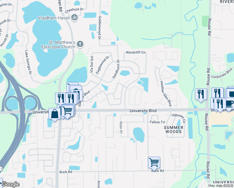 map of restaurants, bars, coffee shops, grocery stores, and more near 10543 Rodondo Drive in Orlando