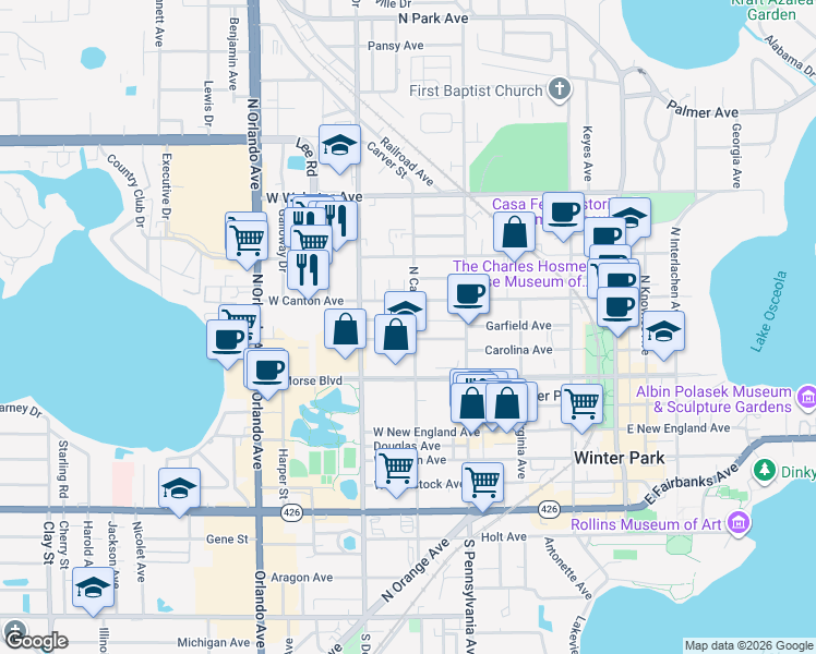 map of restaurants, bars, coffee shops, grocery stores, and more near 710 Symonds Avenue in Winter Park