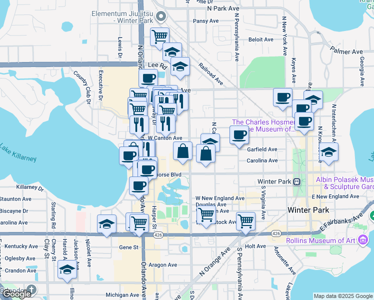 map of restaurants, bars, coffee shops, grocery stores, and more near 940 West Canton Avenue in Winter Park