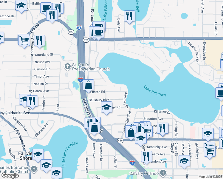 map of restaurants, bars, coffee shops, grocery stores, and more near 2460 Euston Road in Winter Park