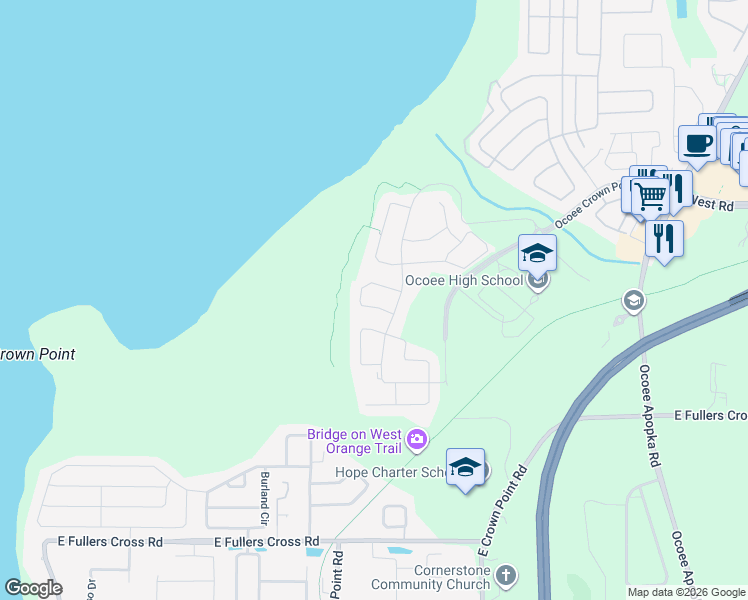 map of restaurants, bars, coffee shops, grocery stores, and more near 1892 Merrivale Loop in Ocoee
