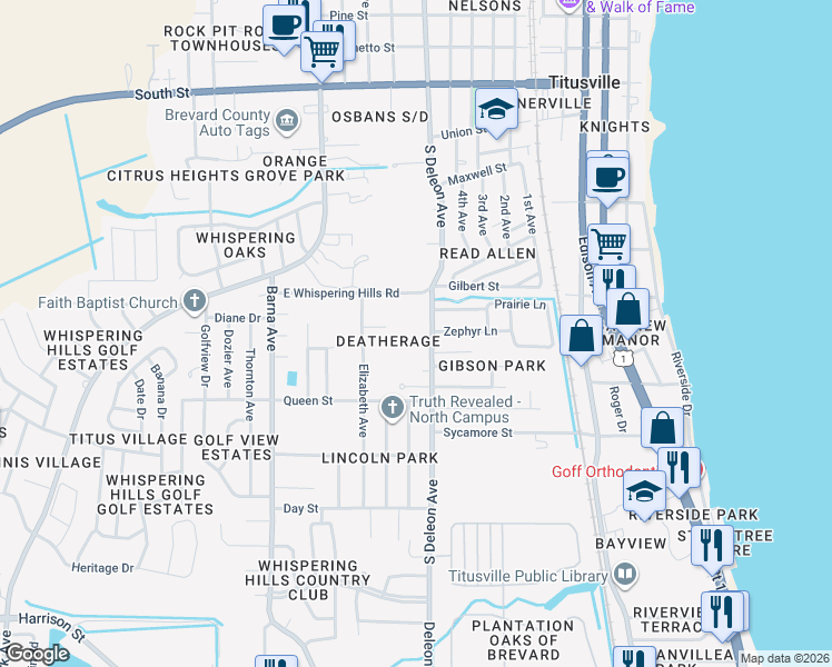 map of restaurants, bars, coffee shops, grocery stores, and more near 1165 Mockingbird Lane in Titusville