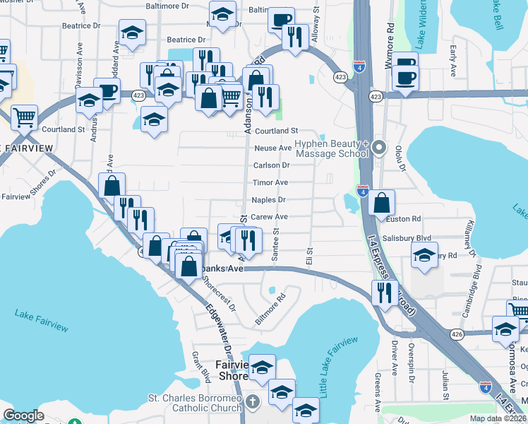 map of restaurants, bars, coffee shops, grocery stores, and more near 844 Carew Avenue in Orlando