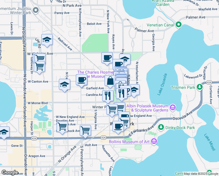 map of restaurants, bars, coffee shops, grocery stores, and more near in Winter Park