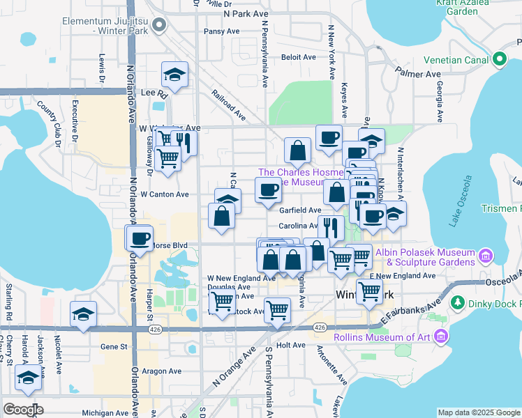 map of restaurants, bars, coffee shops, grocery stores, and more near 3 Israel Simpson Court in Winter Park