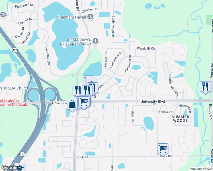 map of restaurants, bars, coffee shops, grocery stores, and more near 4051 Point Reyes Court in Orlando