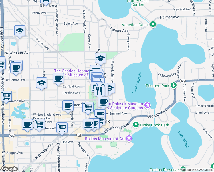 map of restaurants, bars, coffee shops, grocery stores, and more near 210 North Knowles Avenue in Winter Park