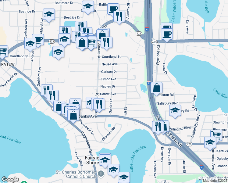 map of restaurants, bars, coffee shops, grocery stores, and more near 776 Carew Avenue in Orlando