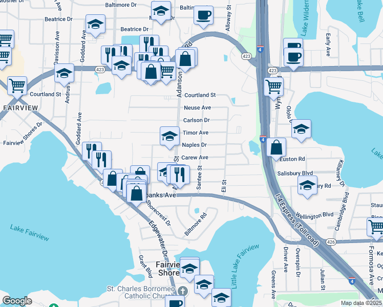 map of restaurants, bars, coffee shops, grocery stores, and more near 844 Carew Avenue in Orlando