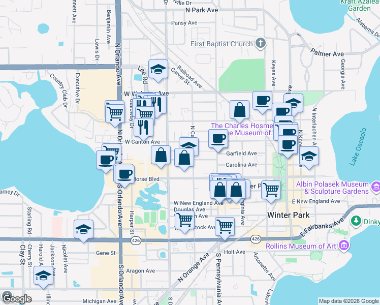 map of restaurants, bars, coffee shops, grocery stores, and more near 710 Symonds Avenue in Winter Park