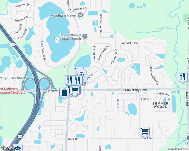 map of restaurants, bars, coffee shops, grocery stores, and more near 4131 Guadalupe Court in Orlando