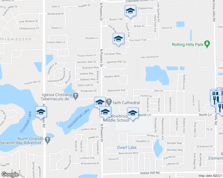 map of restaurants, bars, coffee shops, grocery stores, and more near 6221 Beaumont Avenue in Orlando