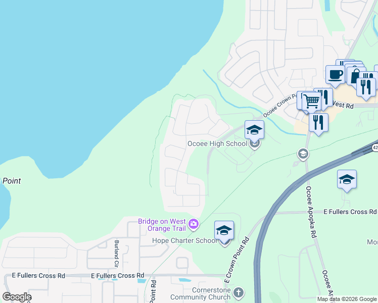 map of restaurants, bars, coffee shops, grocery stores, and more near 3025 Stonegate Drive in Ocoee