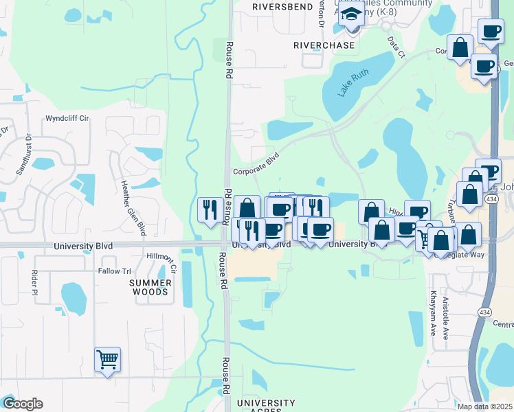 map of restaurants, bars, coffee shops, grocery stores, and more near 3452 Lake Lynda Drive in Orlando