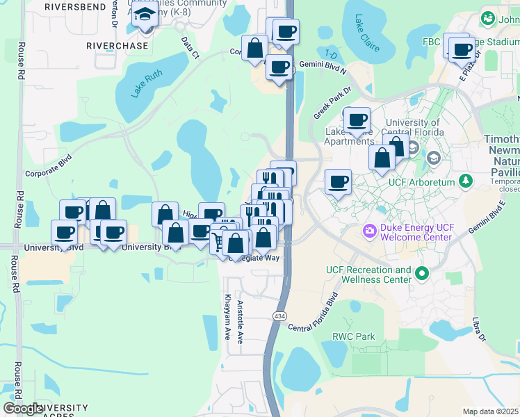 map of restaurants, bars, coffee shops, grocery stores, and more near 4100 North Alafaya Trail in Orlando