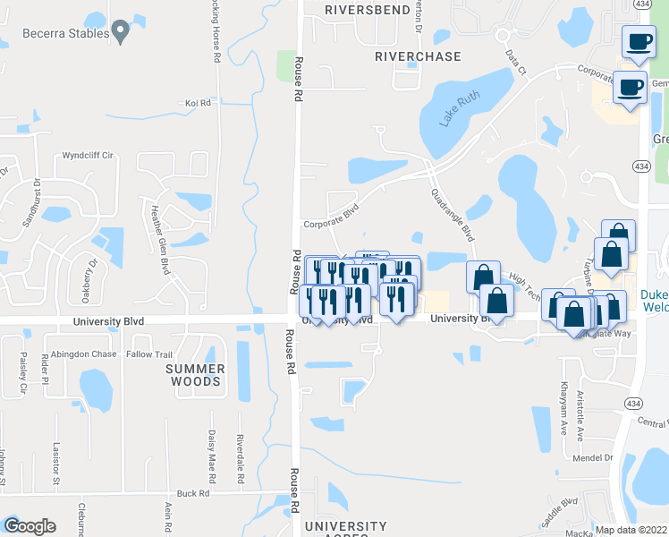 map of restaurants, bars, coffee shops, grocery stores, and more near 3452 Lake Lynda Drive in Orlando
