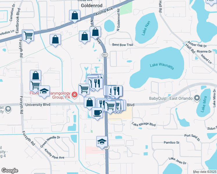 map of restaurants, bars, coffee shops, grocery stores, and more near 4073 North Goldenrod Road in Winter Park