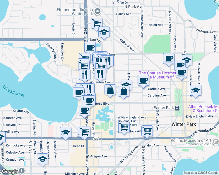 map of restaurants, bars, coffee shops, grocery stores, and more near 940 West Canton Avenue in Winter Park