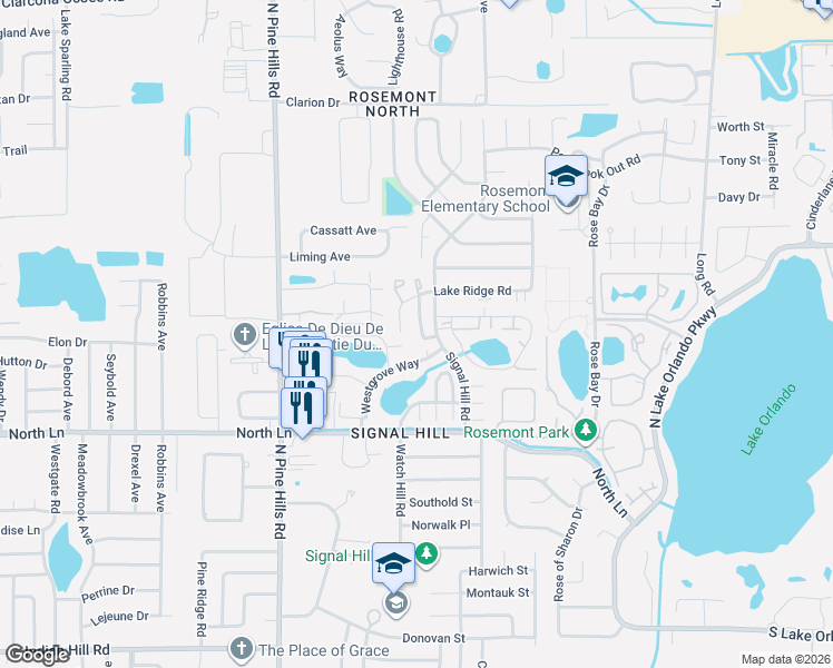 map of restaurants, bars, coffee shops, grocery stores, and more near 4679 Westgrove Way in Orlando
