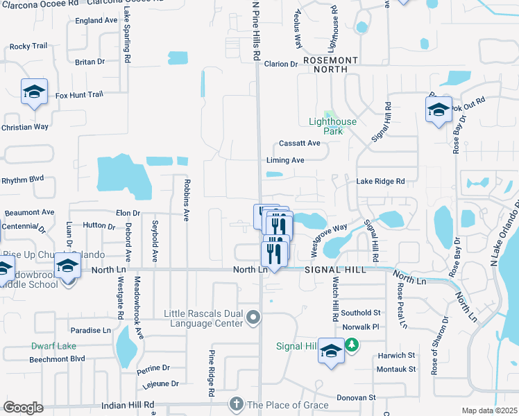 map of restaurants, bars, coffee shops, grocery stores, and more near 4657 North Pine Hills Road in Orlando
