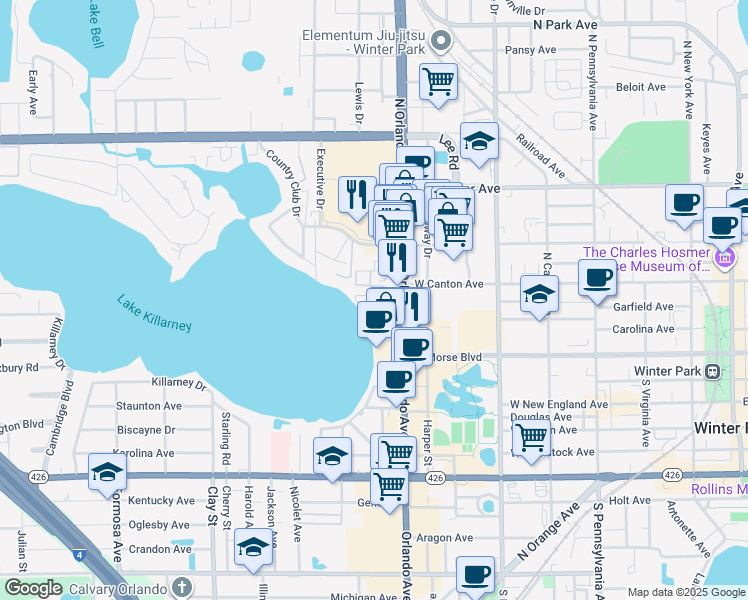 map of restaurants, bars, coffee shops, grocery stores, and more near 151 North Orlando Avenue in Winter Park
