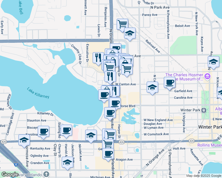 map of restaurants, bars, coffee shops, grocery stores, and more near 1412 Trovillion Avenue in Winter Park