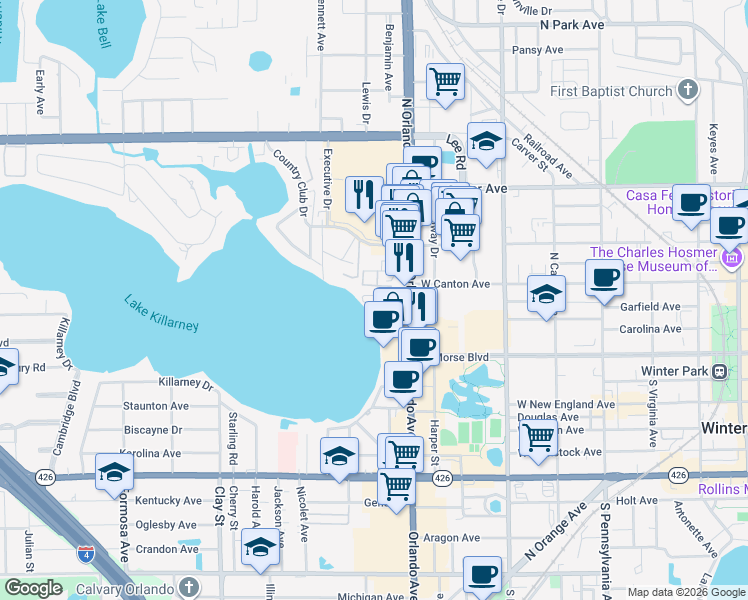 map of restaurants, bars, coffee shops, grocery stores, and more near 1412 Trovillion Avenue in Winter Park