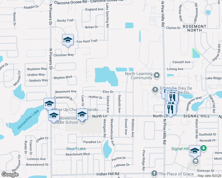map of restaurants, bars, coffee shops, grocery stores, and more near 5715 Elon Drive in Orlando
