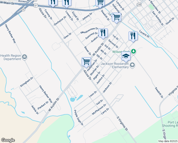 map of restaurants, bars, coffee shops, grocery stores, and more near 1901 Holloman Drive in Port Lavaca