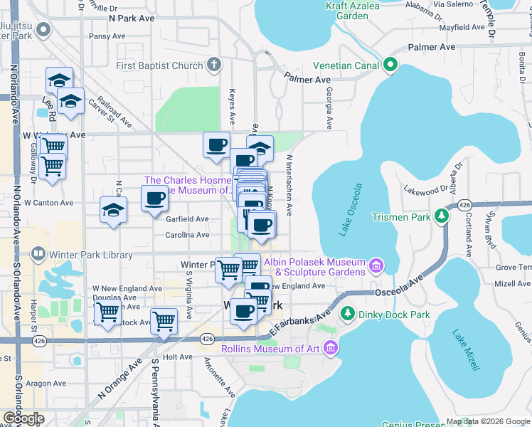 map of restaurants, bars, coffee shops, grocery stores, and more near 311 North Knowles Avenue in Winter Park