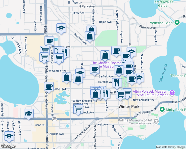 map of restaurants, bars, coffee shops, grocery stores, and more near 3 Israel Simpson Court in Winter Park