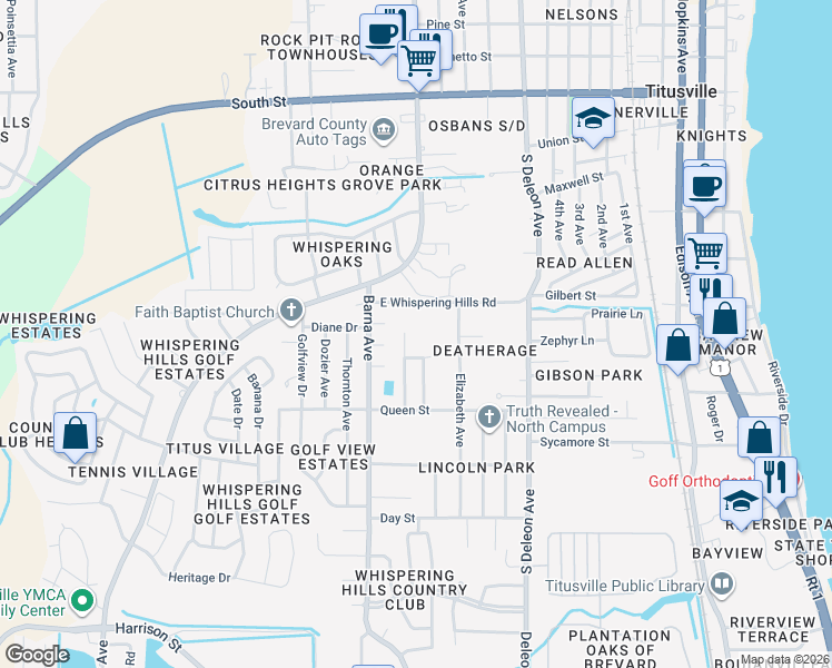 map of restaurants, bars, coffee shops, grocery stores, and more near 1504 East Whispering Hills Road in Titusville