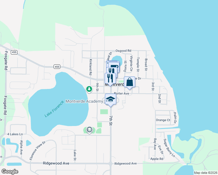 map of restaurants, bars, coffee shops, grocery stores, and more near 16910 Franklin Avenue in Montverde