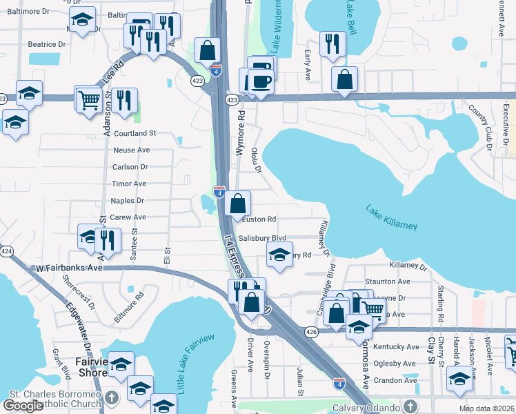map of restaurants, bars, coffee shops, grocery stores, and more near 2540 Franklin Avenue in Winter Park