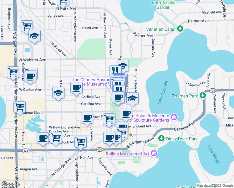 map of restaurants, bars, coffee shops, grocery stores, and more near 400 North Park Avenue in Winter Park