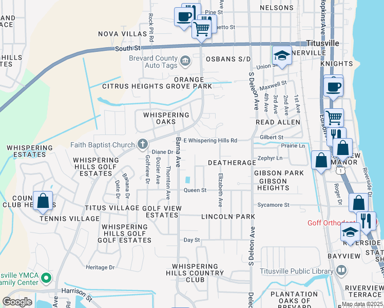 map of restaurants, bars, coffee shops, grocery stores, and more near 1650 Cardinal Court in Titusville