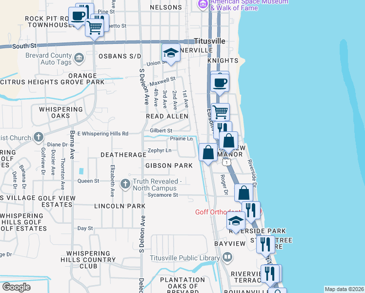 map of restaurants, bars, coffee shops, grocery stores, and more near 519 Gilbert Street in Titusville