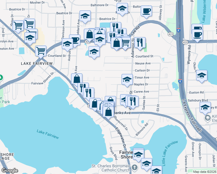 map of restaurants, bars, coffee shops, grocery stores, and more near 4500 Fairview Avenue in Orlando
