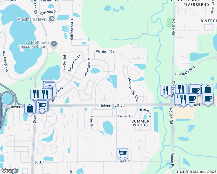 map of restaurants, bars, coffee shops, grocery stores, and more near 10820 Cherry Oak Circle in Orlando