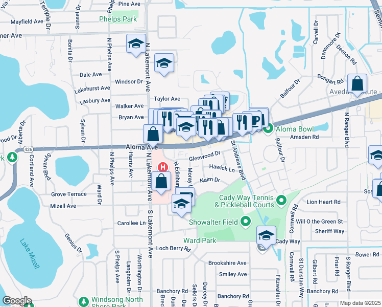 map of restaurants, bars, coffee shops, grocery stores, and more near 2011 Florida 426 in Winter Park