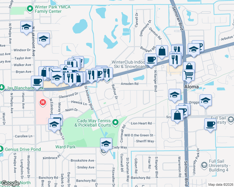 map of restaurants, bars, coffee shops, grocery stores, and more near 266 Balfour Drive in Winter Park