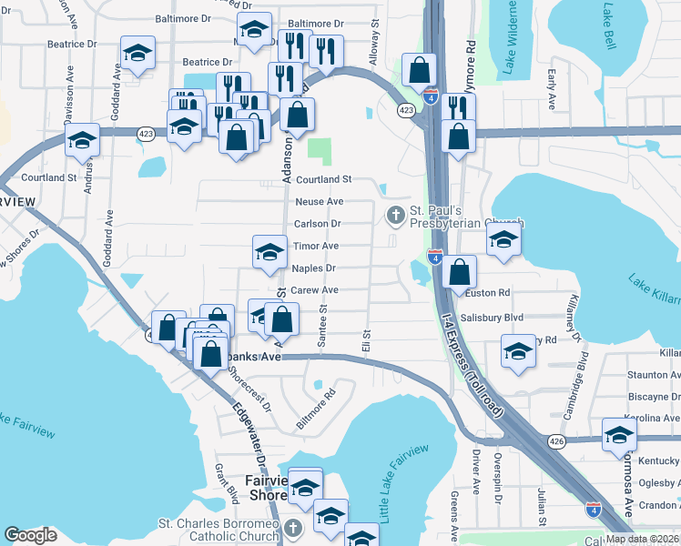 map of restaurants, bars, coffee shops, grocery stores, and more near 761 Naples Drive in Orlando