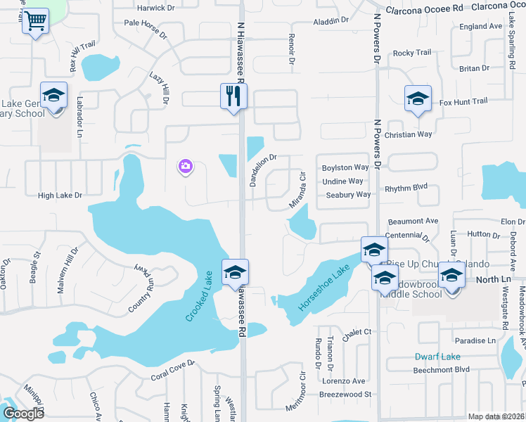 map of restaurants, bars, coffee shops, grocery stores, and more near 4619 Wassee Court in Orlando