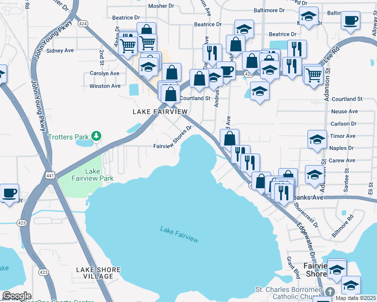 map of restaurants, bars, coffee shops, grocery stores, and more near 1768 Fairview Shores Dr in Orlando