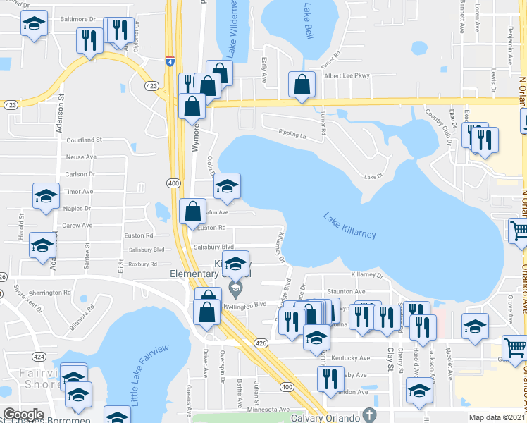 map of restaurants, bars, coffee shops, grocery stores, and more near 2411 Euston Rd in Winter Park