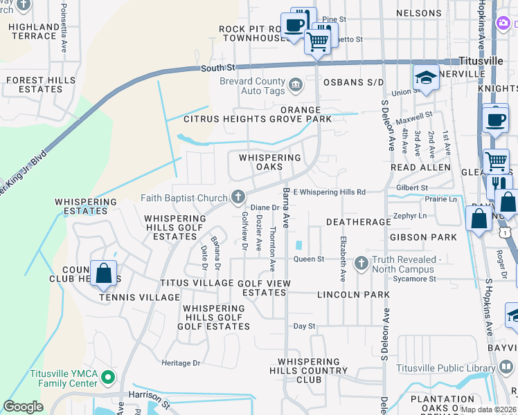 map of restaurants, bars, coffee shops, grocery stores, and more near 1801 Diane Drive in Titusville